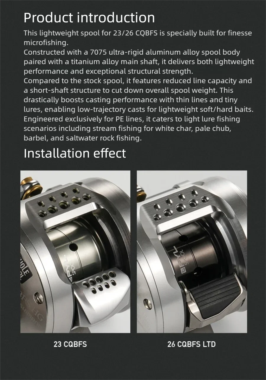 PYL PS29-CQ Modifizierte Spule für Shimano 23 CQBFS / 26 CQBFS LTD 7075 Aluminium-Titanium-Schaft Micro BFS Spule 0,8g Köderstart – Detail 2