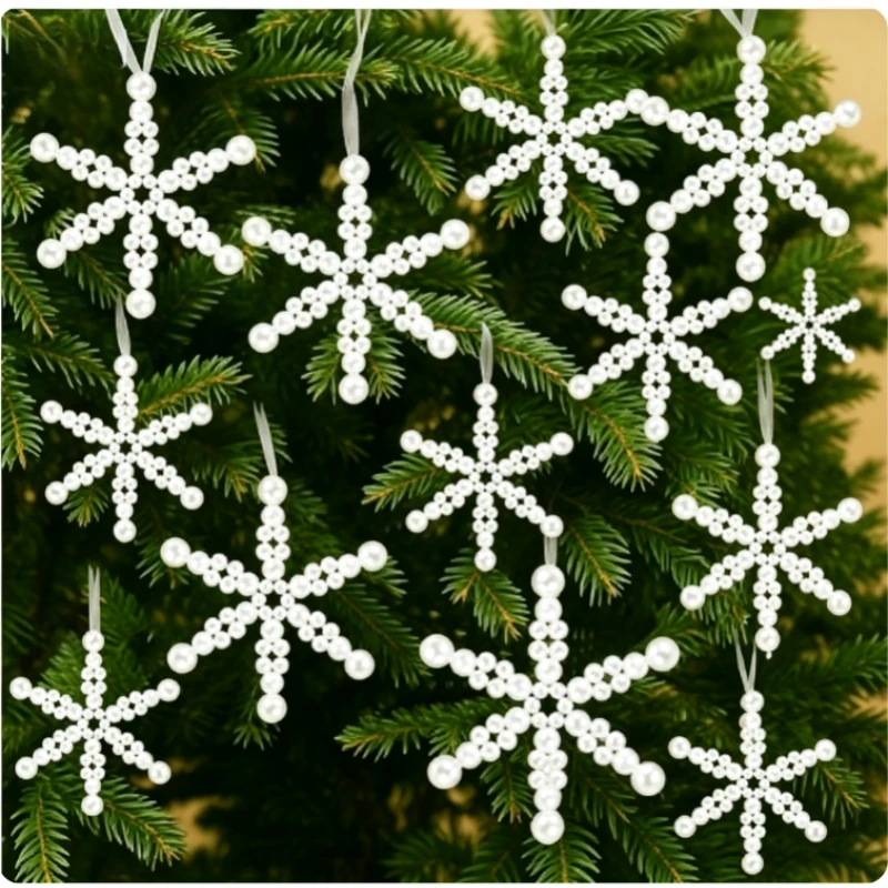6Pcs Faux Pearl Snowflake Christmas Ornament – Scene Setting Winter Party Decor Hanging Pendant for Tree