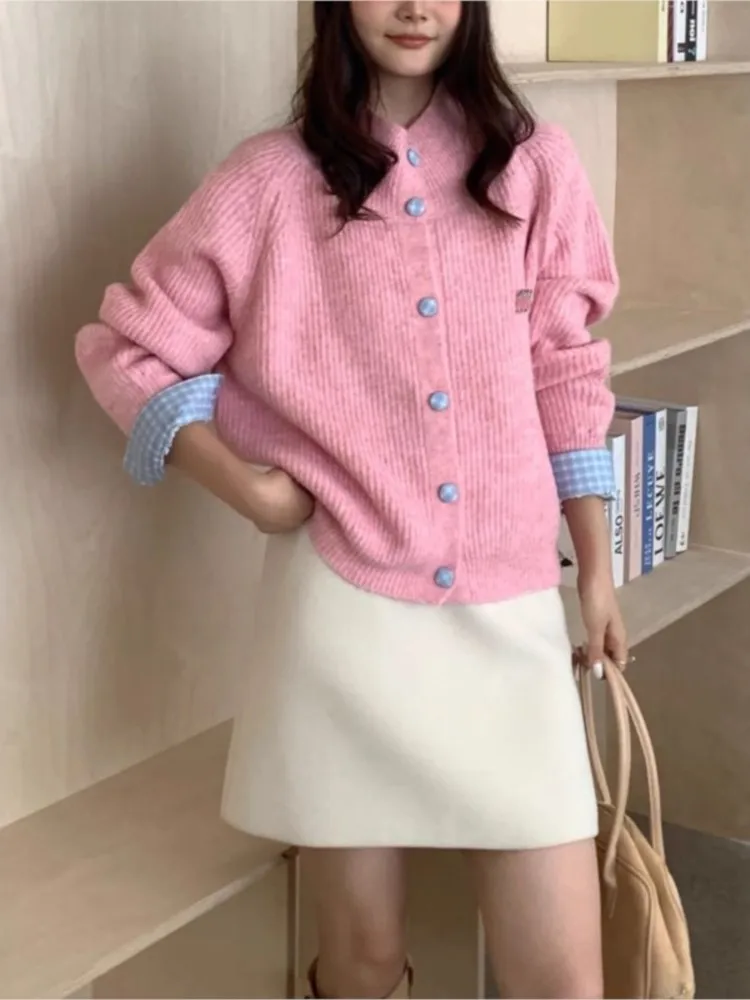 

2025 Patchwork Cardigans Contrast Winter Clothes Comfortable Woman Pulls Femmes Knitted Simple Style All-match Casual Commuting