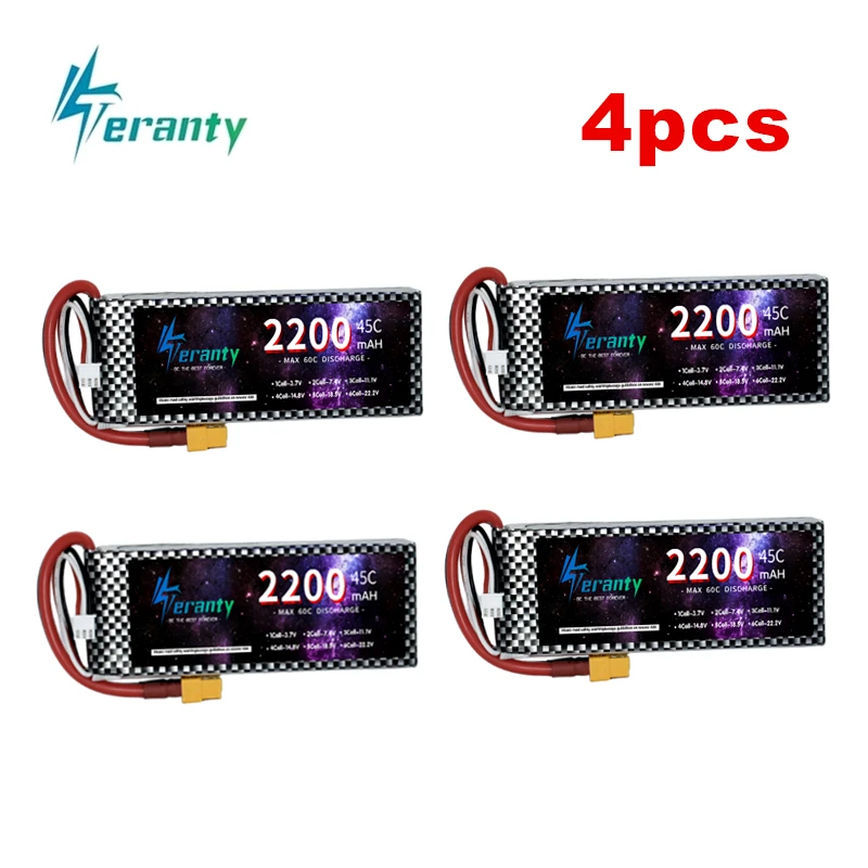 

Комплект из 4 аккумуляторов Teranty 7.4V 2200mAh 2S 45C LiPo: высокопроизводительные литий-полимерные батареи для радиоуправляемых гоночных машин, самолетов, БПЛА, лодок и хобби-моделей