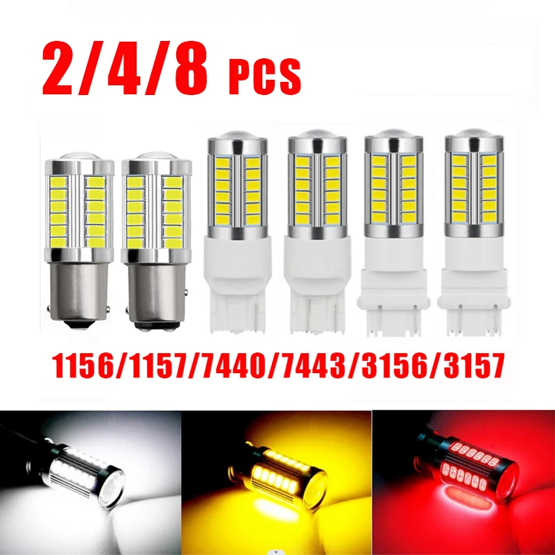 2/4/8pcs PY21W Ba15s 1156 Bay15d 1157 LED Bulb Turn Signal Lights DRL Fog Tail Brake Reverse Parking Lamps 12V 33SMD 7000K White