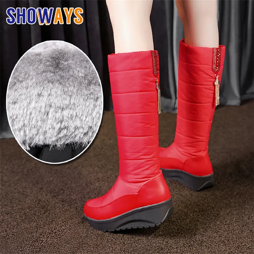 

2022 Winter Women Mid-calf Snow Boots Waterproof Red Black Down Wedge Platform Heel Slip-on Fur Crystal Fringe Ladies Half Boots