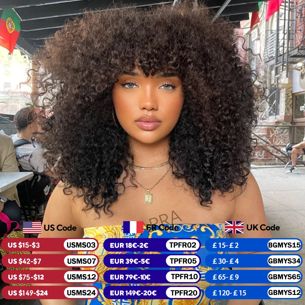 Afro verworrene lockige Echthaar-Perücken mit Pony für schwarze Frauen, 250 % Dichte, brasilianisches 100 % Echthaar, Remy-Vollhaar, maschinell hergestelltes Haar