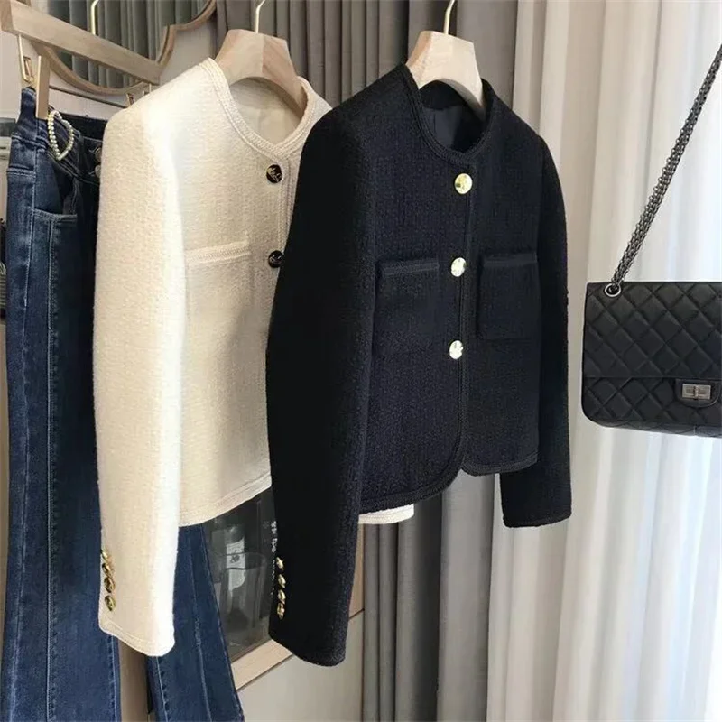 Korean Short Elegant Woman Jackets Tops New 2025 Autumn Women Woolen Coat High quality Long Sleeve Casual Female Coats