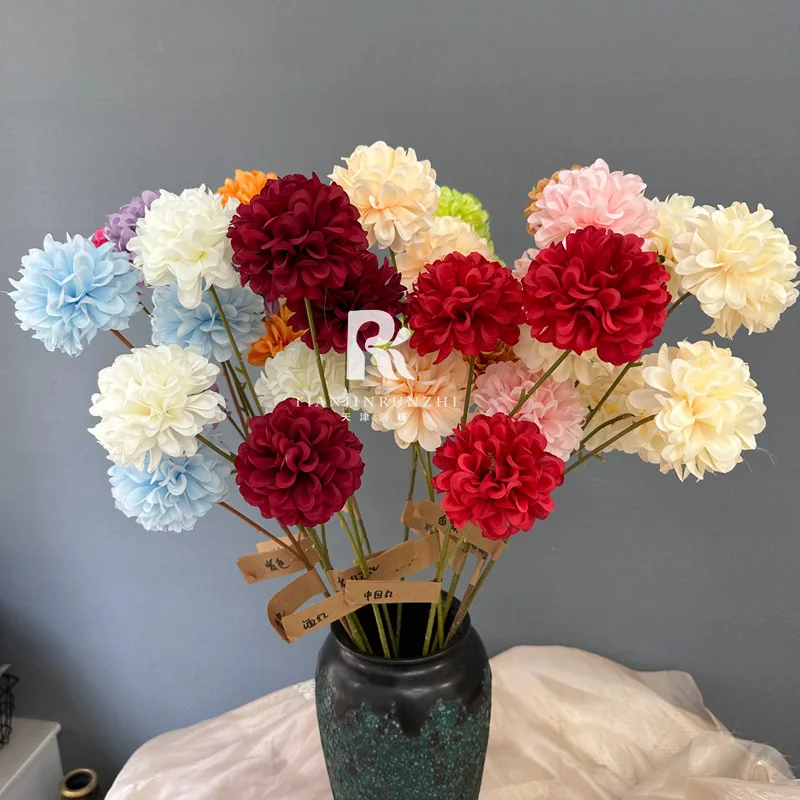 

Three small hydrangeas, ping-pong chrysanthemums, simulated flowers for decorating weddings and home decor