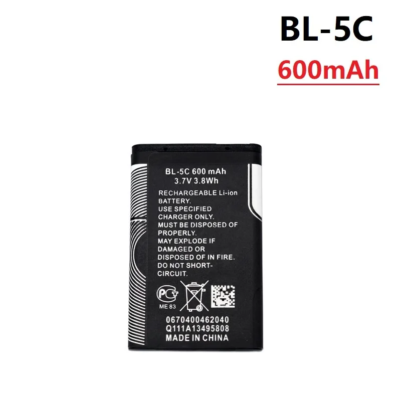 3.7V 600mAh Battery BL-5C BL5C BL 5C Rechargeable Batteries For Nokia 2112 2118 2255 2270 2280 2300 2600 2610 3125 3230 1pcs