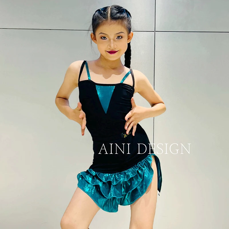 2024 Kids Latin Dance Clothes Girls Summer Suspender Dress Rumba Cha Cha Ballroom Dance Practice Clothing Ruffled Dress DNV20908