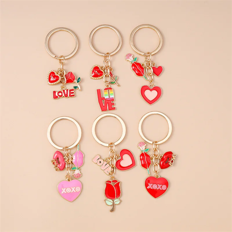 Niedlicher Schlüsselanhänger mit Herz, Emaille-Lippen und Rose für Damen und Herren, Auto-Schlüssel, Handtaschen-Anhänger, Schlüsselketten, DIY-Accessoires – Detail 1