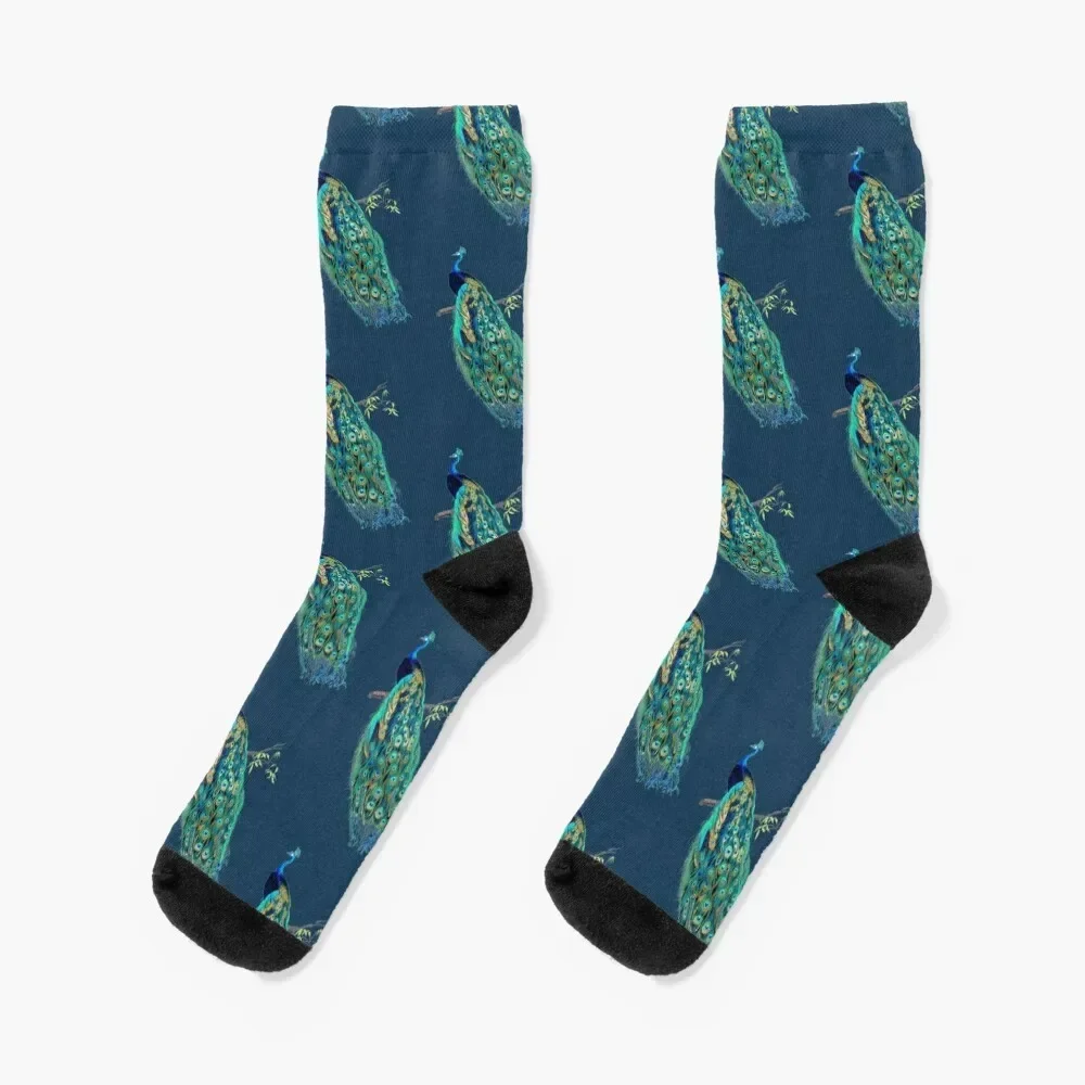 

Vintage Peacock, Blue+Gold Socks moving stockings man Woman Socks Men's