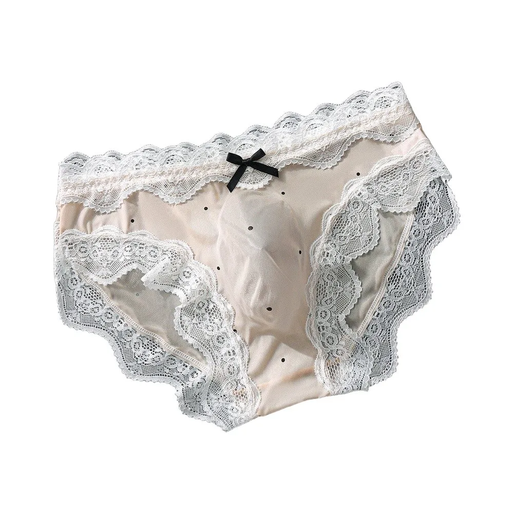 1pc Men's Lace Seamless Bow Ice Silk Briefs Quick Drying Underwear 3D Bulge Pouch Printing Panties Breathable Elastic Lingerie