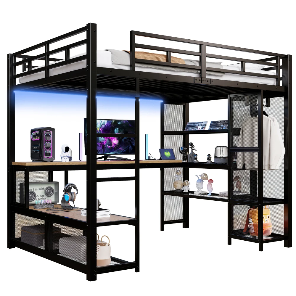 140 x 200 cm großes Hochbett aus Metall mit Stauraum und offenem Kleiderschrank, Kinderzimmerbett mit USB-Anschluss und LED-Beleuchtung, Schwarz/Weiß – Detail 4