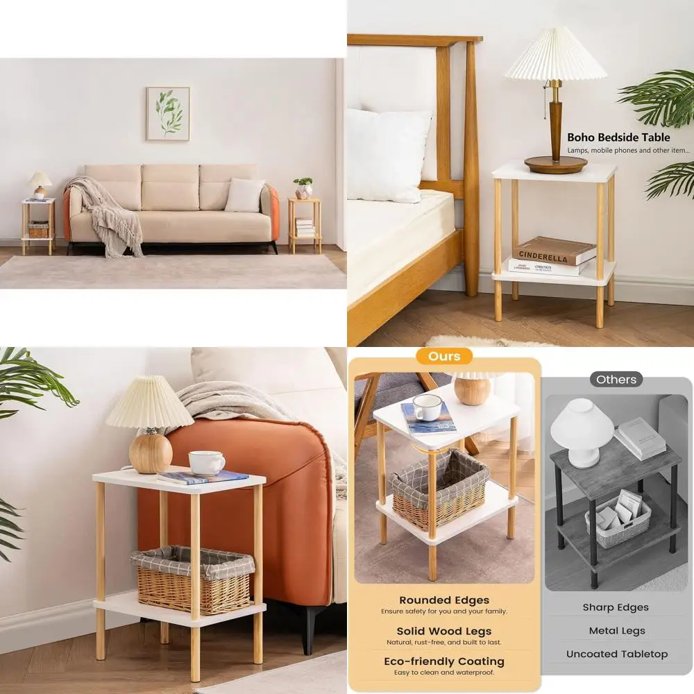 

2-Tier Wooden Side Table Set, Bohemian Style Nightstand with Storage, Compact Design for Bedroom, Living Room, and Entryway, Whi