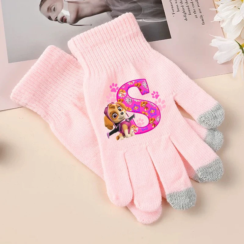 Paw Patrols Girls Knitted Gloves Skye Anime Letter A-Z Screen Gloved Kids Winter Warm Clothing Accessory Children Gift Hot Sales