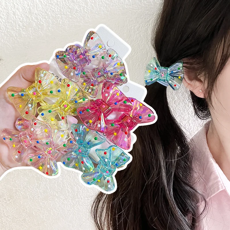 Korean Kids Polka Dot Bow Hair Rings Cartoon Rubber Bands with Glitter Disco Beads High Elasticity Ponytail Holders