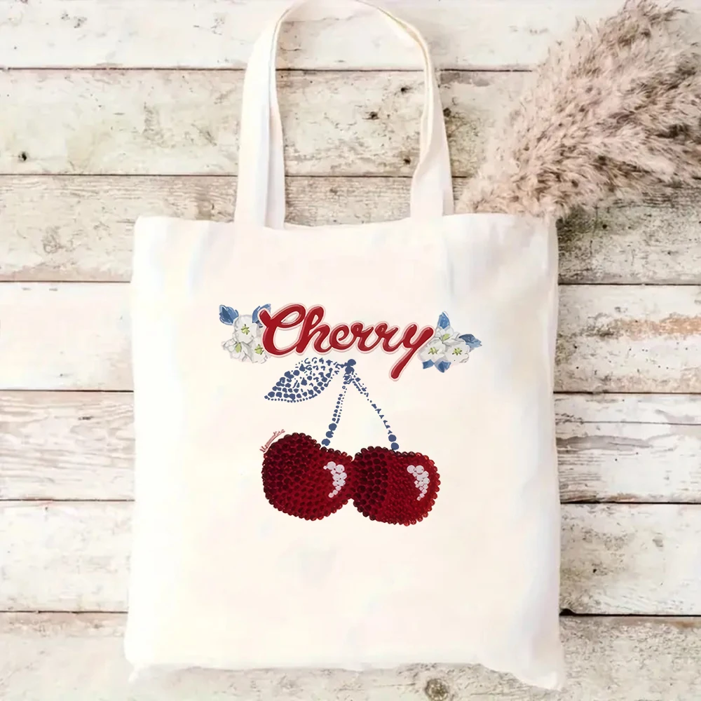 

Rhinestone Cherry Canvas Tote Bag Coquette Style Shoulder Bag