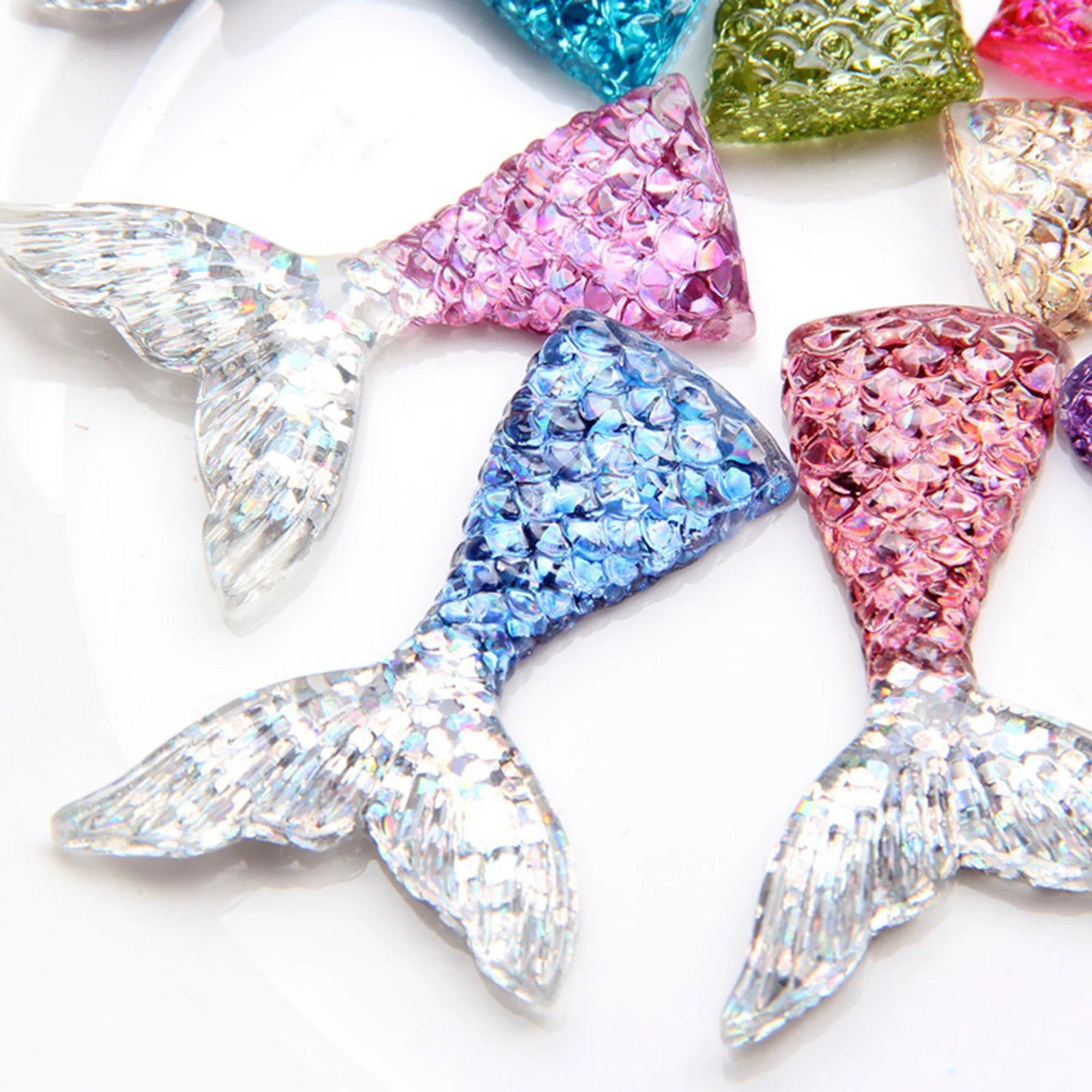 20 Flatback Resin Crystal Mermaid Fish Scale Tail Cabachons 42X28mm Color Choice