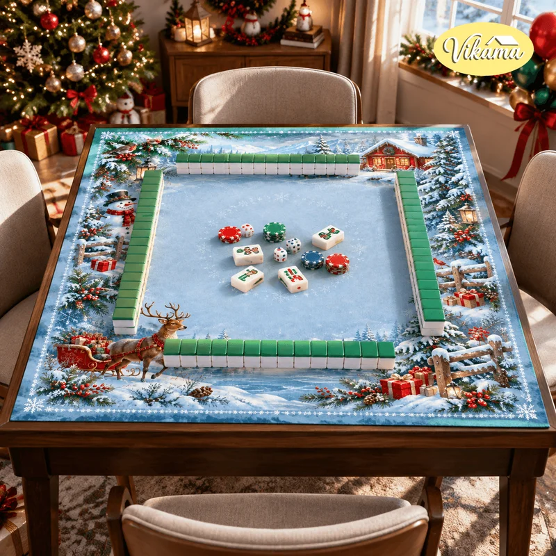 VIKAMA Christmas Mahjong Table Cover Gingerbread House Snowman Tree Gift Print Square Game Table Mat Holiday Cozy Decor
