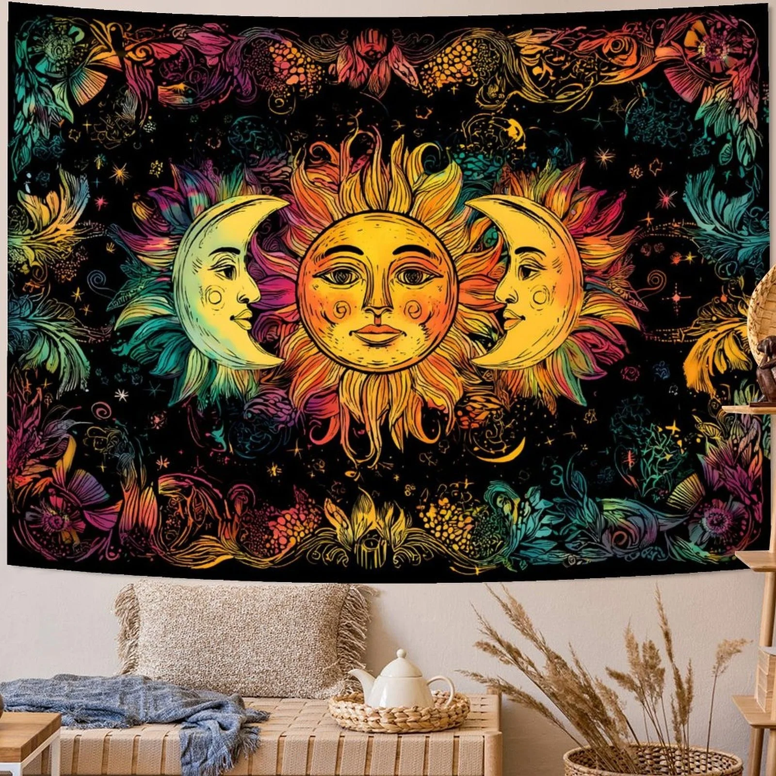Bohemian Wall Tapestry Sun Moon Cosmic Boho Decor Macrame Wall Hanging Large Art Tapestry
