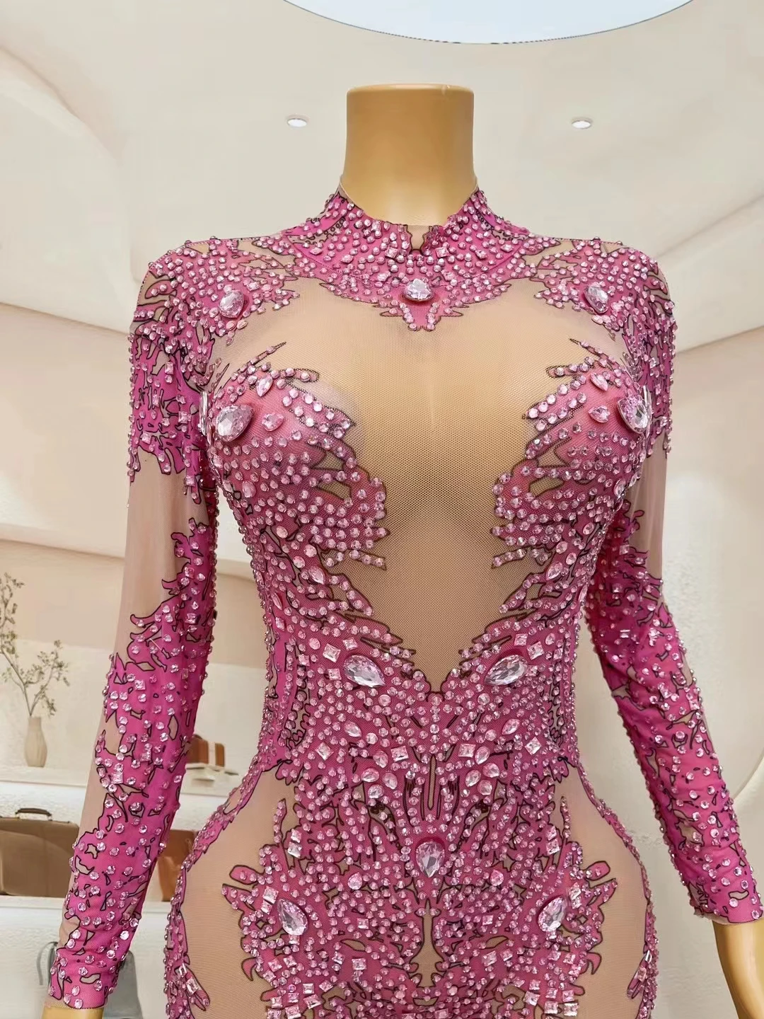 Combinaison imprimée strass rose, extensible, manches longues, maille, slim, justaucorps de Performance sur scène, collants en cristal, Costume de fête d'anniversaire