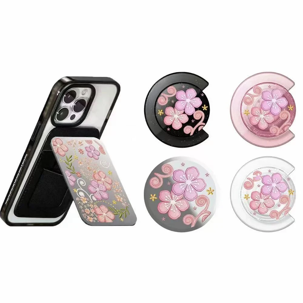 

Pink Embroidered Flower Pattern Magnetic Card Holder Phone Stand for IPhone Holder Mount Support for Galaxy Phone Accessories