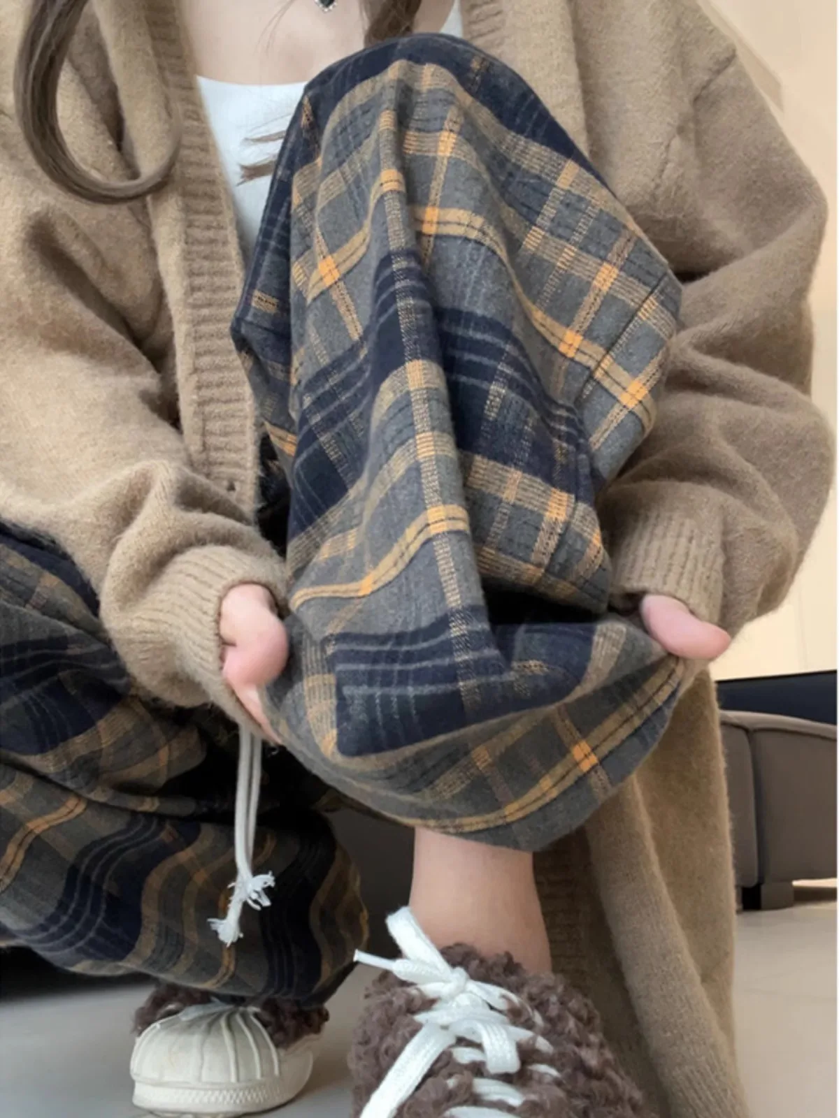 American Retro Plaid Men's Loose Wide Leg Pants Lazy Style BF Boyfriend Casual Trousers Trendy Straight Cut High Waist Jeans