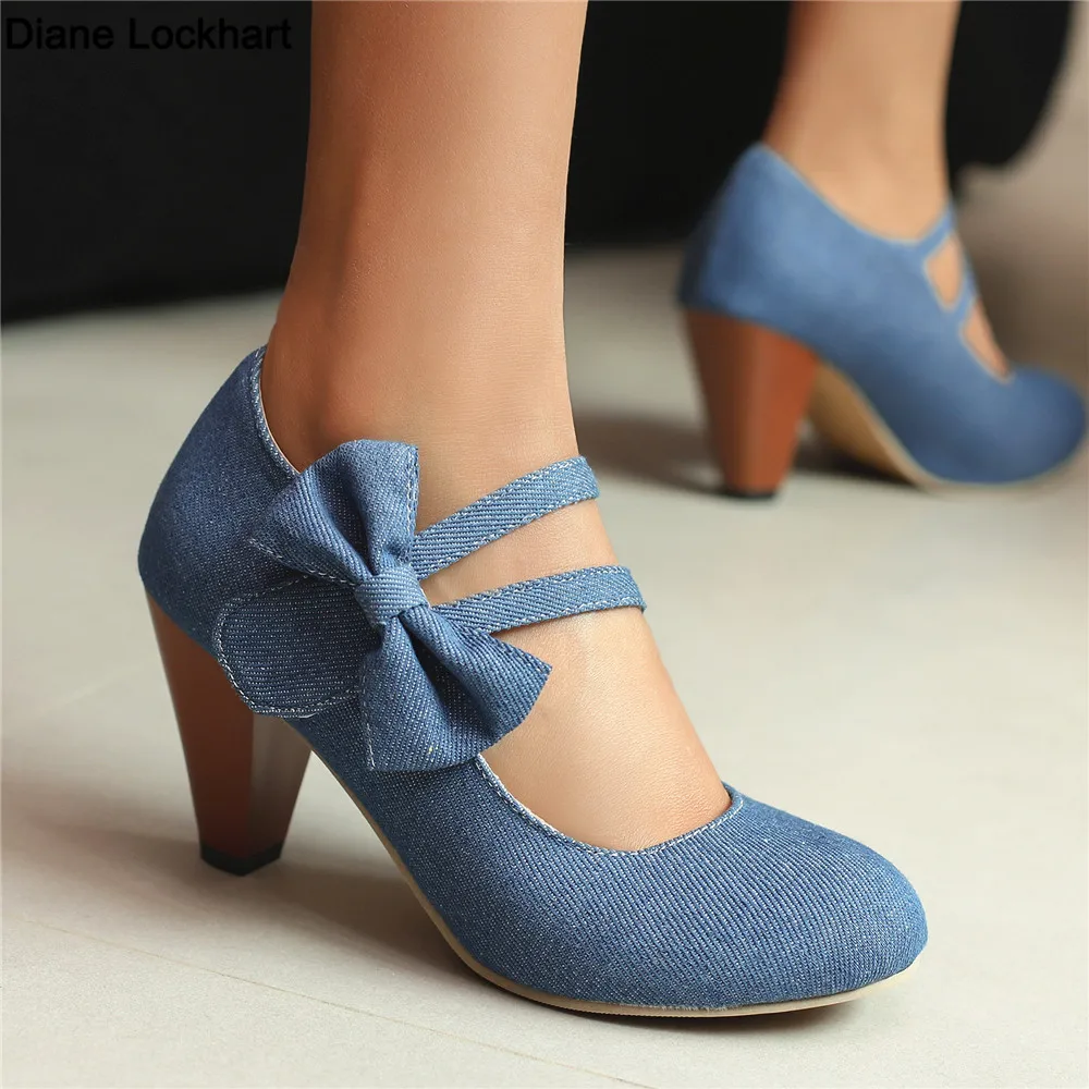 Spring Women Denim High Heels Ankle Strap Mary Jane Pumps Party Wedding Cosplay Black Blue Bow Princess Lolita Shoes Size 31-46