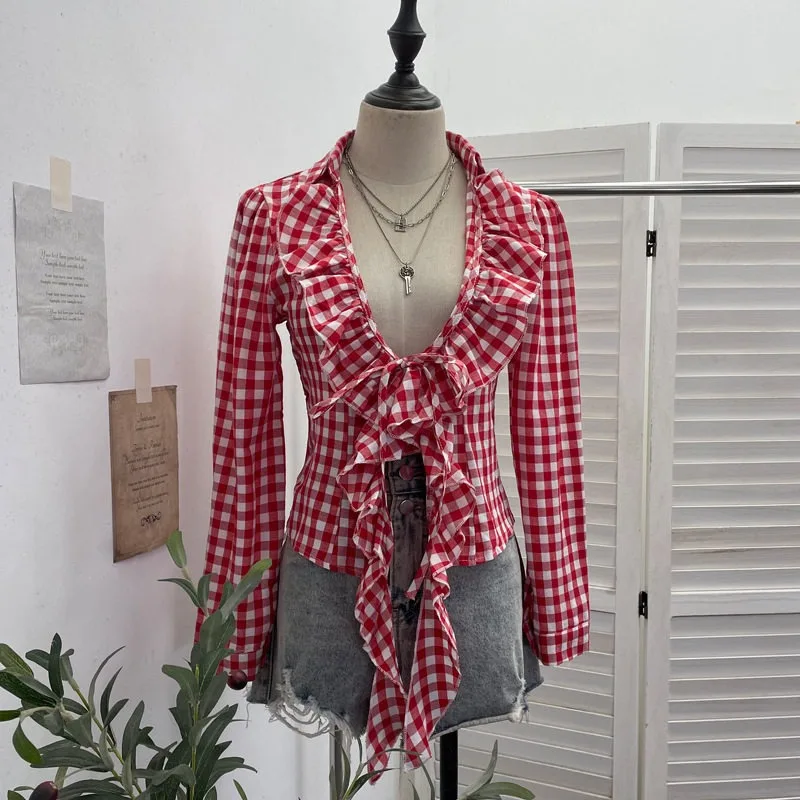 

Blouses V-neck Low Cut Lace Up Plaid Ruffled Long Sleeved Shirt Short Navel Irregular Slim Streetwear Fashion Tops