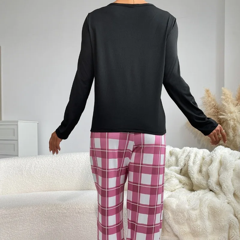 2pcs Set Women's Pajamas Set Spring Autumn Soft Heart Print Top Plaid Pants Simple Design Homewear Loungewear Outfit