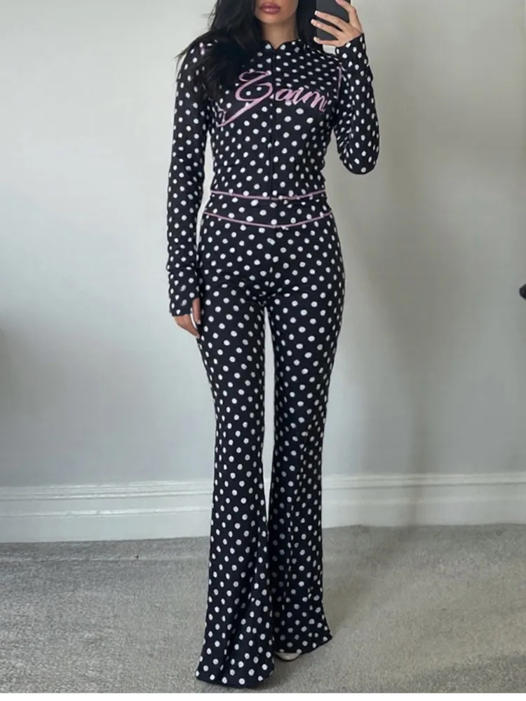 

Spring Autumn Slim Trousers Set Women's Polka Dot Letter Sexy Exposed Navel Long-sleeved Hooded Top Weila Trousers Two-piece Set
