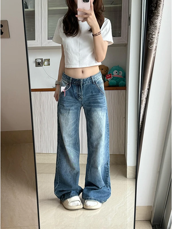 

Американские винтажные джинсы с низкой талией, женские, осенние, новые, свободные, прямые, широкие, в пол, струящиеся брюки-басиа