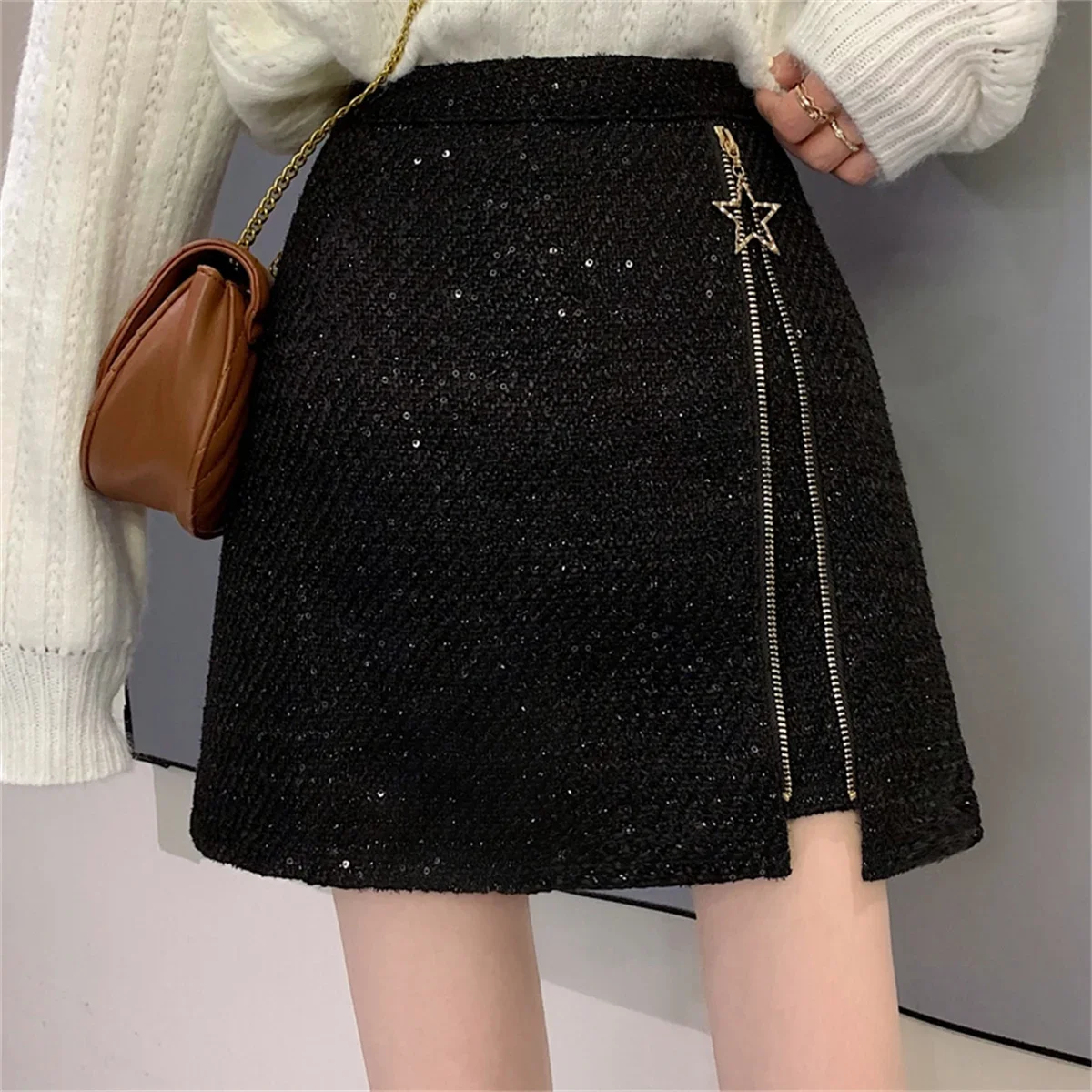 Autumn Winter Wild Zipper Split A-line Tweed Short Skirts For Women 2024 New Fashion High Waist Slim Mini Woolen Skirt