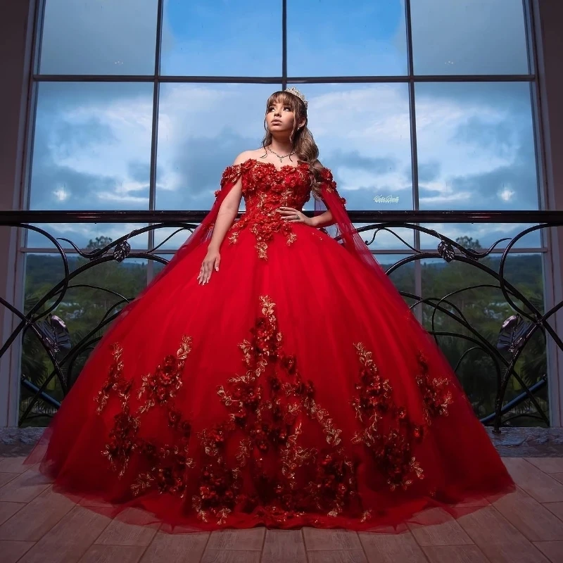 

Red Shiny Ball Gown Quinceanera Dress Corset Lace Appliques Beading With Cape Sequins Sweet 16 Dress Vestidos De XV Anos 15 de