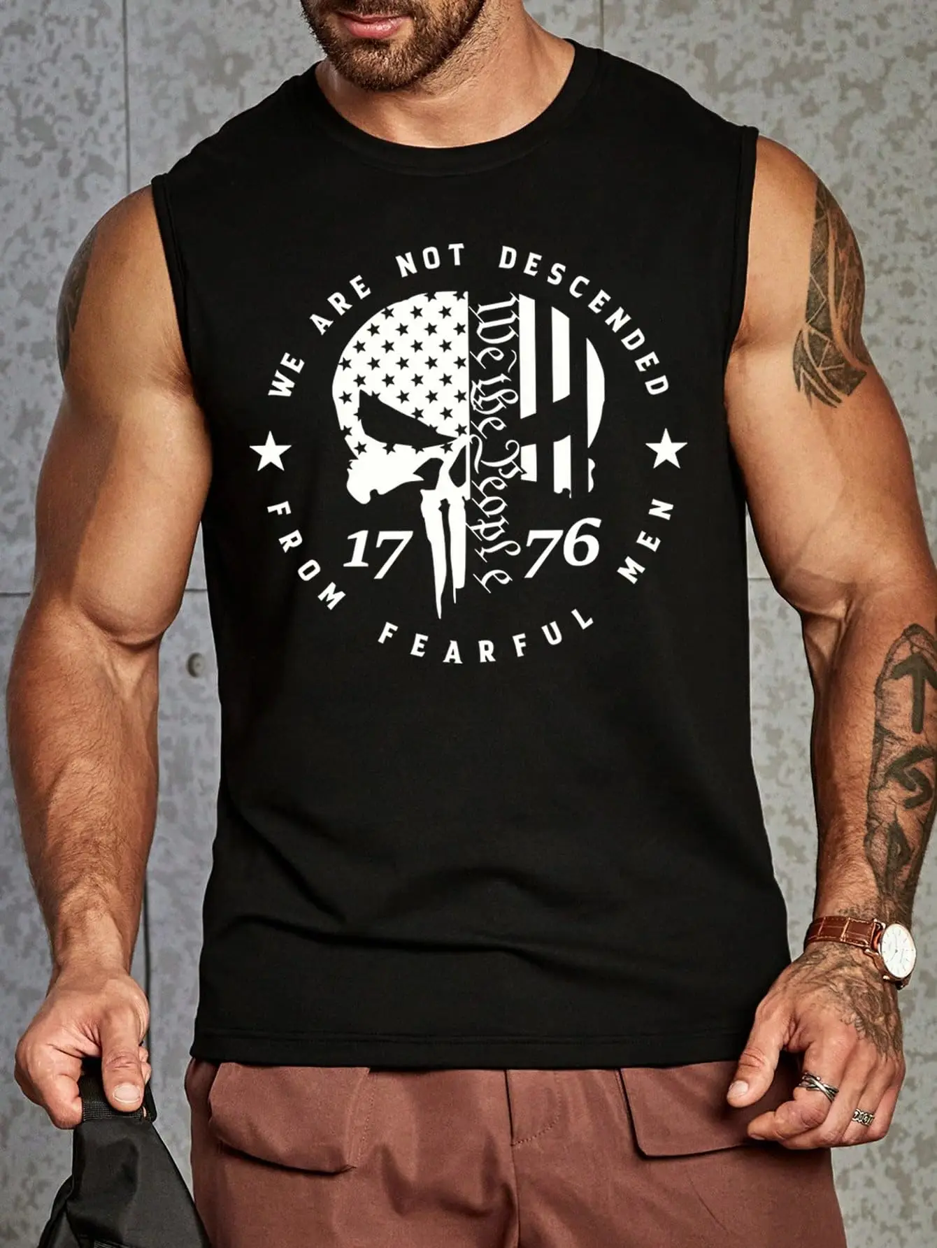 Men's new summer Sports Casual round letter skull number three pattern printed black comfortable sleeveless vest top