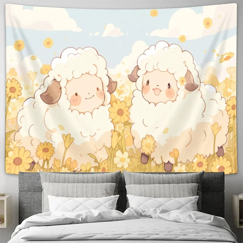 "Cute Cartoon Lamb Tapestry - Warm and Playful Children's Bedroom Decorative Hanging Rug"