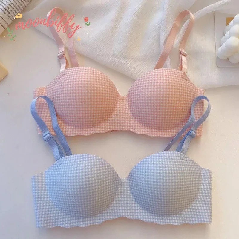 Women Ice Bra One Cup Thick Comfortable Without Steel Ring Lingerie Sexy Push Up Bralette Underwear Fashion Plaids Pattern Bra