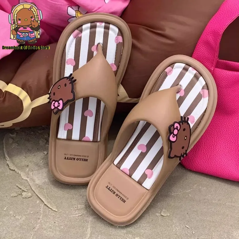 Hawaii Black Hello Kitty Cute Cat Women Flip-flops Summer Cute Non-slip Flat Sandal Beach Shoes Brown Stripe Outside Slipper