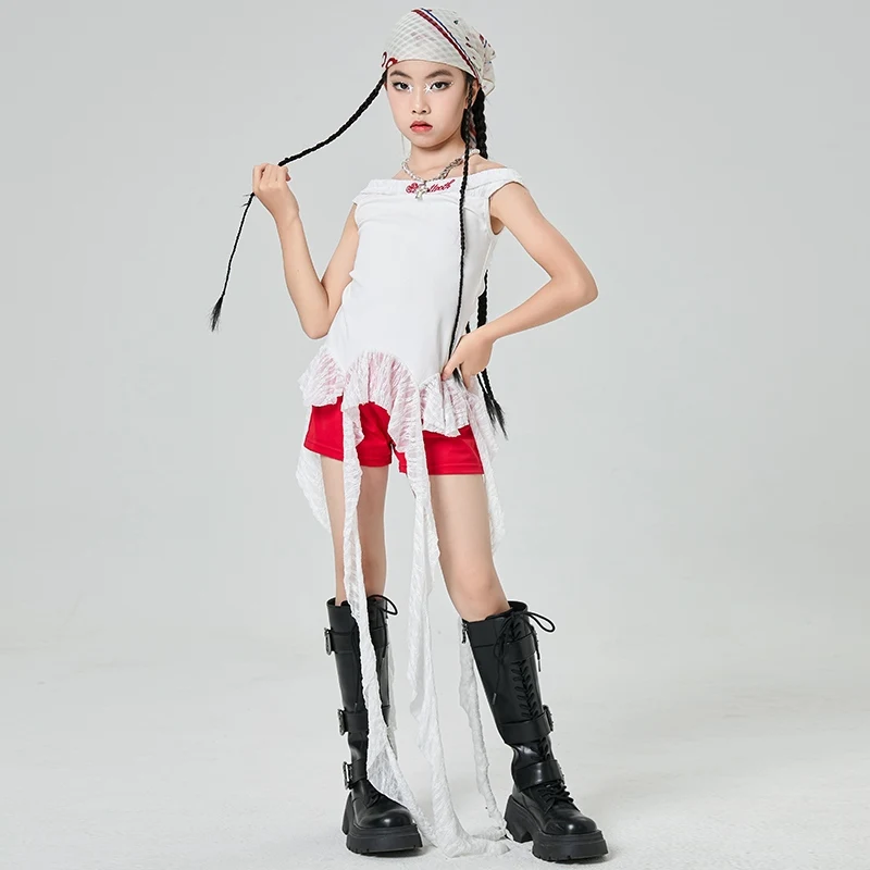 2025 الأطفال أزياء رقص الجاز الحديثة للفتيات كتف واحد الشريط الأعلى السراويل الحمراء وتتسابق الهيب هوب ملابس الرقص DQS19786