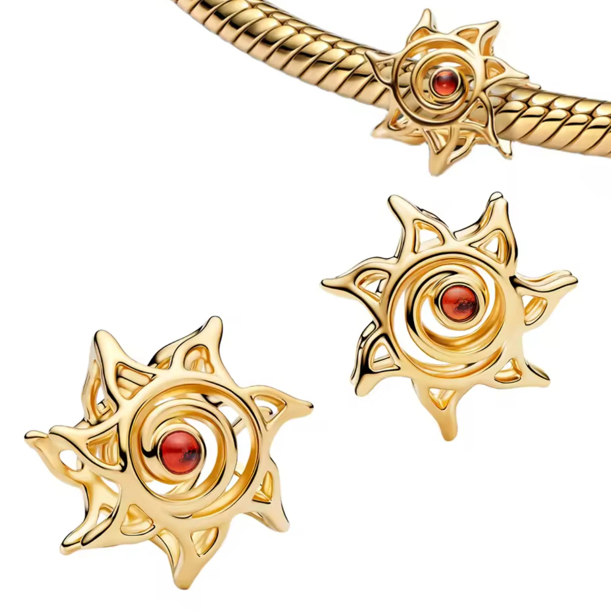 925 Silver Gold-plated Heart-shaped Round Rose Crystal Zircon Charm Spacer Beads DIY Bracelet Women's Jewelry Accessories