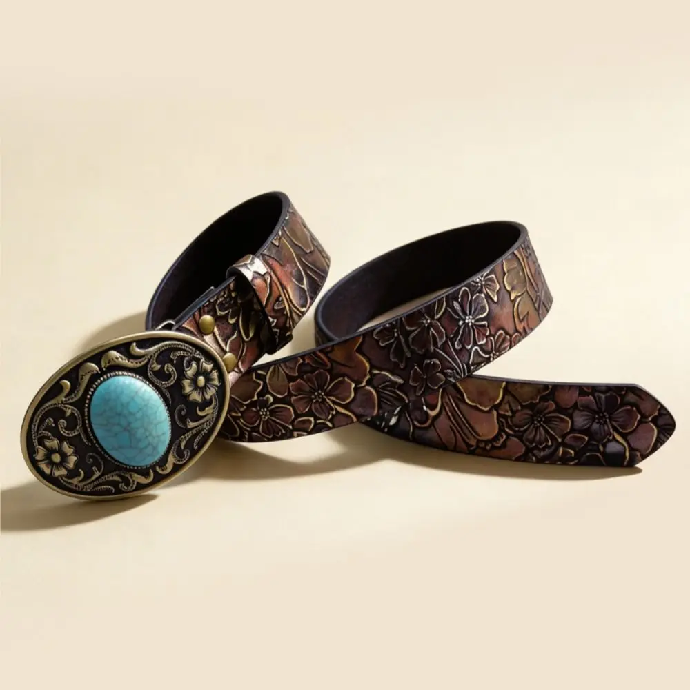 Elegant PU Leather Ethnic Waist Belt Antique Bronze Buckle Retro Floral Embossed Belt Vintage Turquoise Inlaid Belt Dress Jeans