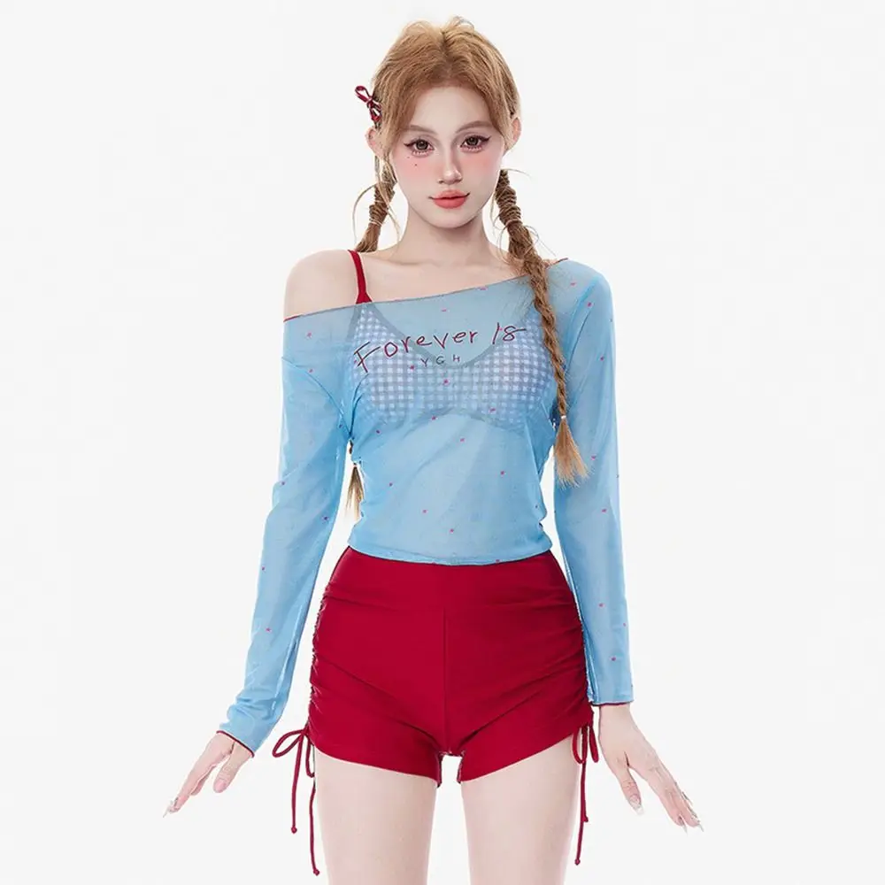 4Pcs/Set Summer Y2k Women's Swimsuit Dopamine Long Sleeve Crop Tops Hot Spring Swimming Blue Embroidery Bikini Set