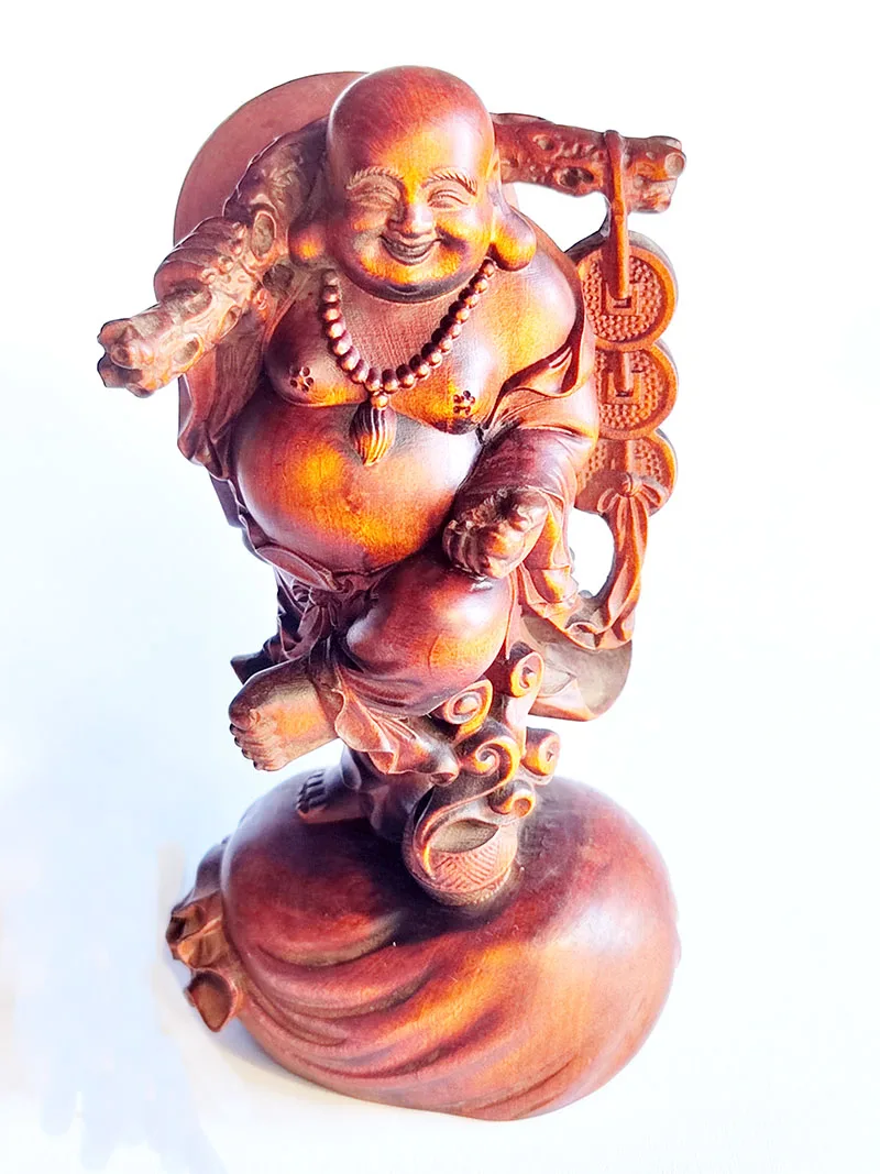 BY098 - 12 x 6.5 x 5 CM Boxwood Figurine Carving: Wealthy Happy Buddha