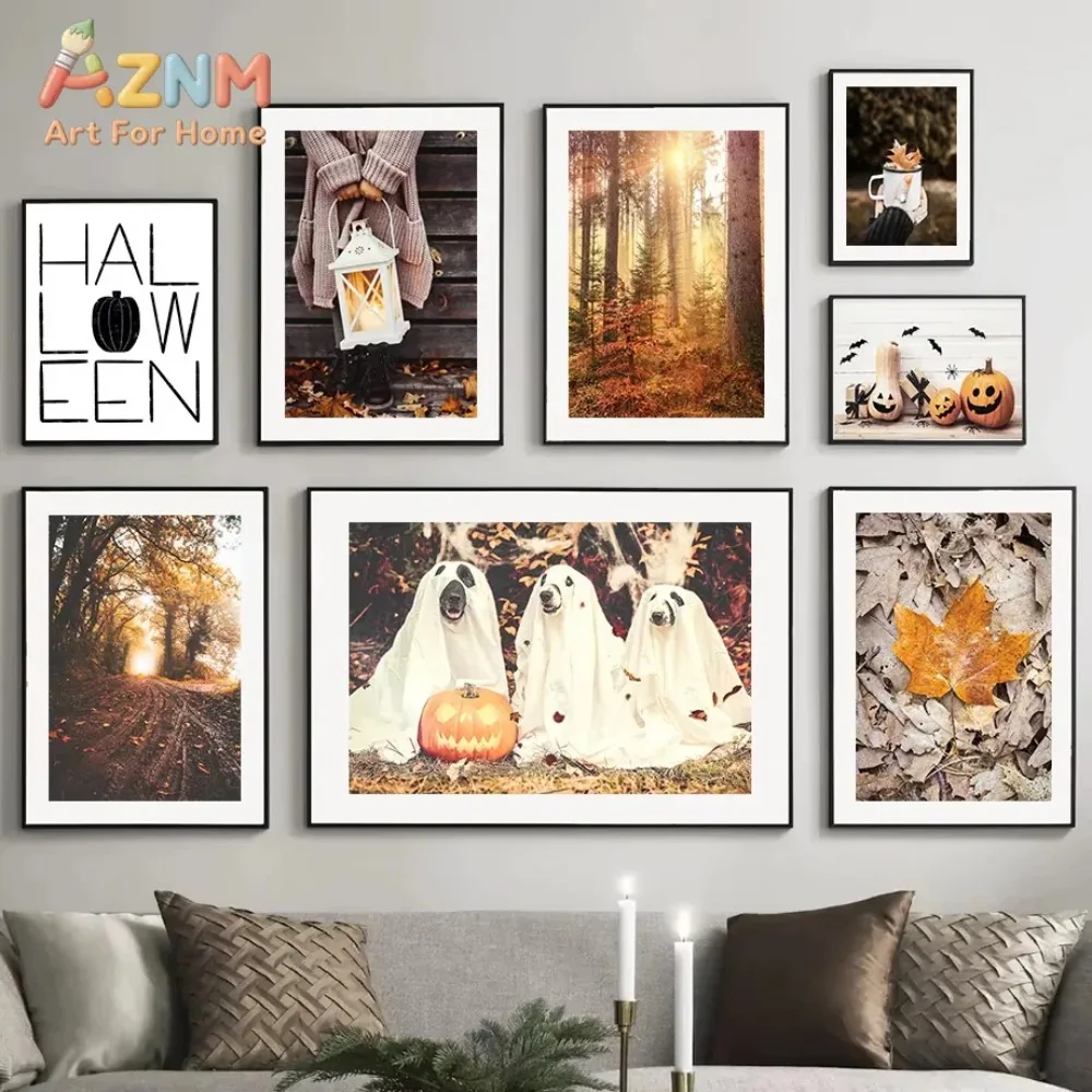 1PC Halloween Pumpkin Fall Forest Maple Leaf Wall Art Canvas Painting Nordic Posters and Prints Pictures for Living Room Decor