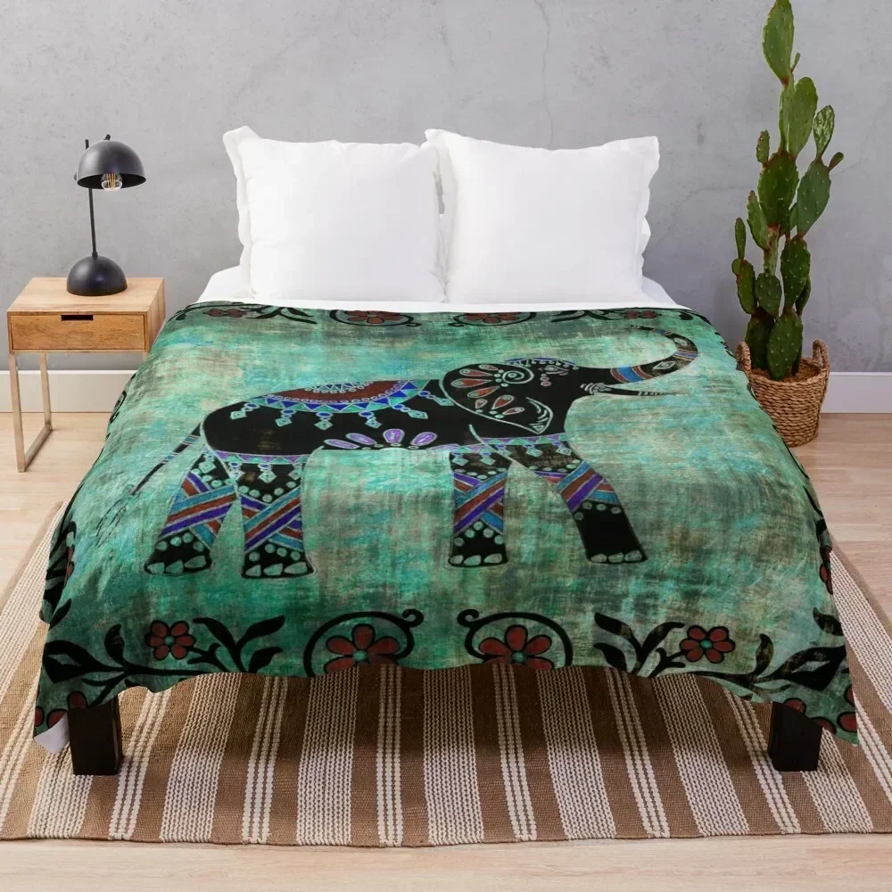 

Indian Elephant Decorative Asian Floral Art Throw Blanket Warm Napping Blanket for Office Couch Bed