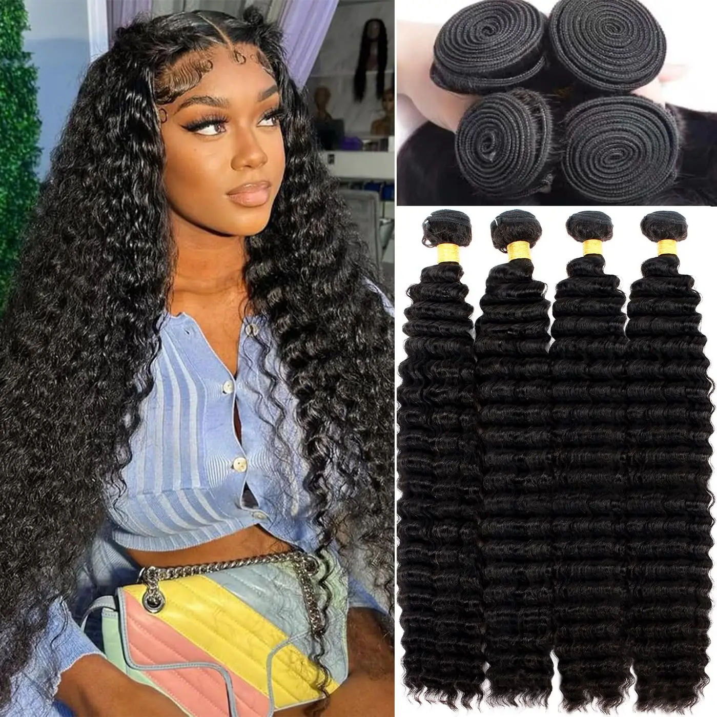 12A Deep Wave Human Hair Bundles 22 24 26 Inch Brazilian Deep Wave Curly Bundles Human Hair Weave Bundles Natural Black