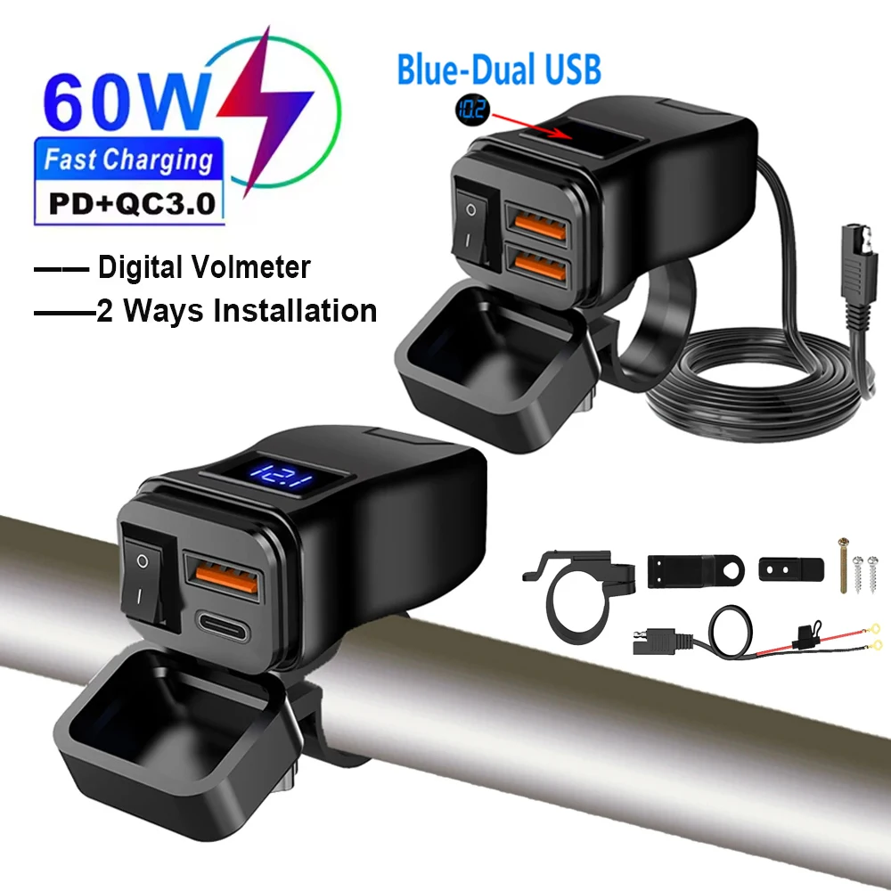 

60 Вт Qc3.0 Pd мотоциклетное быстрое зарядное устройство USB на руль, двойная USB-розетка с переключателем, вольтметр, водонепроницаемый адаптер питания 12 В