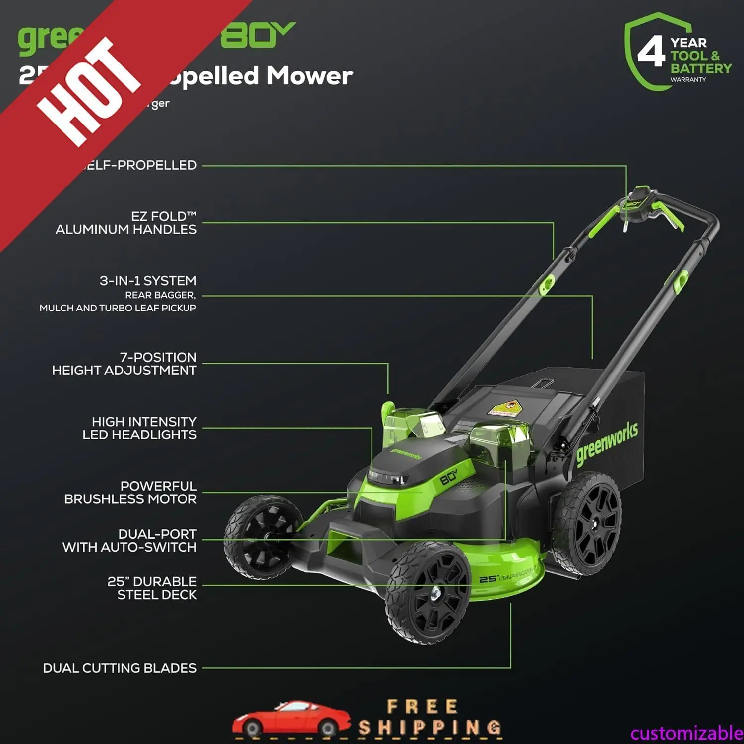 

Customizable 80V 25" Cordless Battery Brushless Self-Propelled Rear Wheel Drive 3-in-1 Lawn Mower,730 CFM Cordless Le