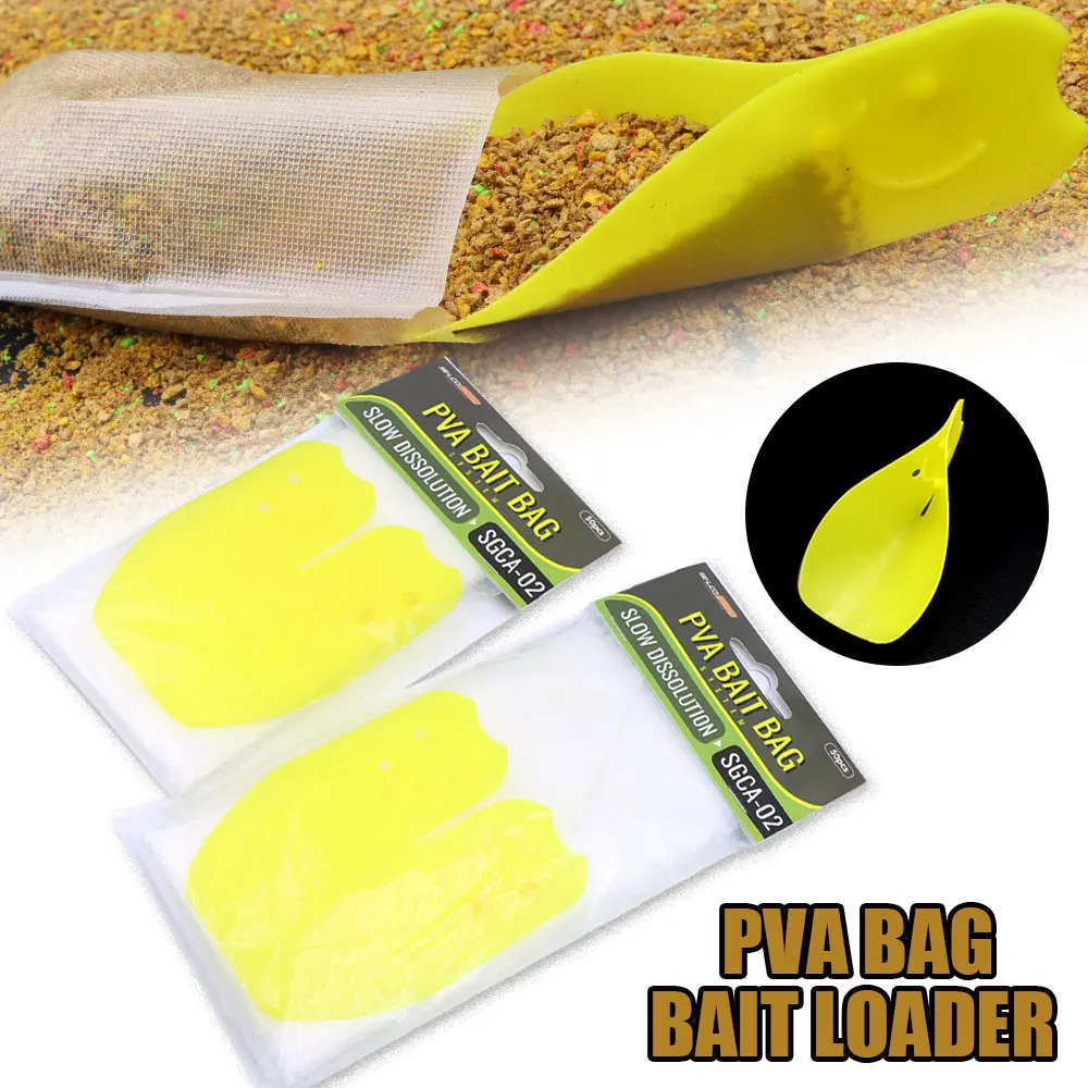 Sac PVA soluble dans l'eau, Kit de maille PVA à fusion rapide avec chargeur d'appâts, outil de pêche pour méthode d'alimentation, plate-forme de carpe, matériel de lancer d'appât, 50 pièces