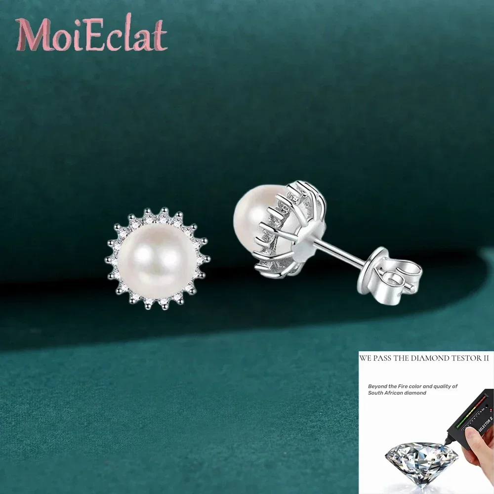 Women Wedding Stud Earrings, 7mm Freshwater Pearl, Platinum Pt950, 0.21CT Moissanite Diamond, Girl Birthday Gift Valentine's Day