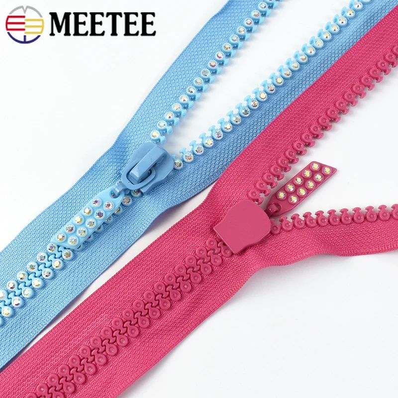 Meetee 1/2/5Pcs 60cm Rhinestone Resin Zipper Open-End Decor Zippers for Sewing Bag Clothes Jacket Garment DIY Repair Accessories