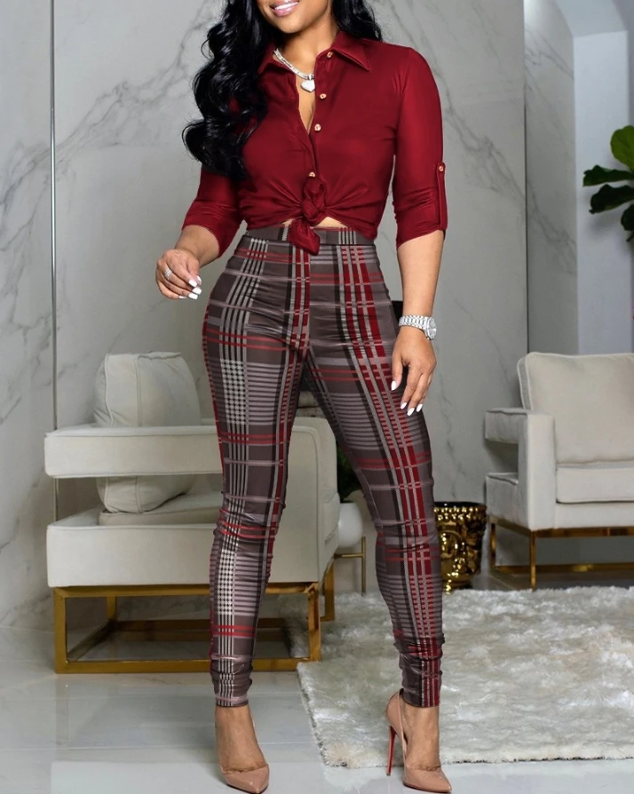 Two Piece Sets Womens Outifits Fashion Long Sleeve Roll Up Sleeve Button Down Shirt &  Plaid Skinny Pants Set Female Streetwear